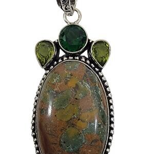 Handmade Silver Pendant with Rainforest Jasper and Green Gem Accents